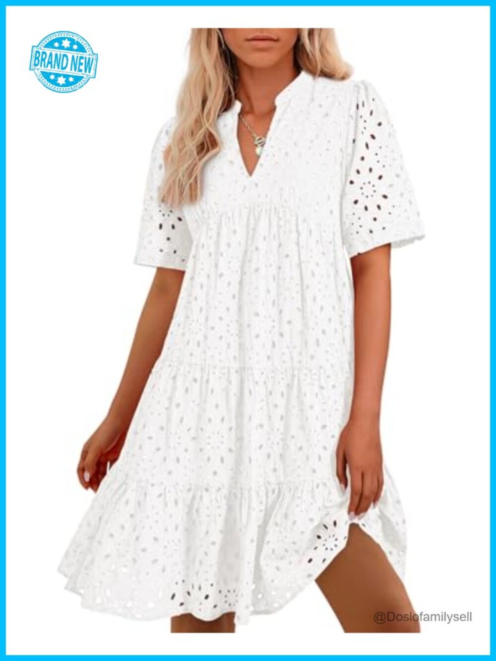 Eyelet Boho Summer Dress V-Neck Short Sleeve Hollow Out Lace Ruffle A-Line Mini